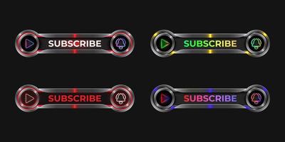 Subscribe 3d realistic metallic banner template with neon glow play button and bell icon vector