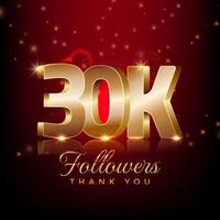 Thank you 30 thousand followers happy celebration banner 3d style red and gold background vector