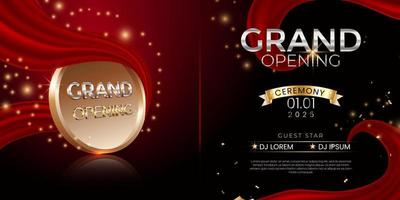 Grand Opening ceremony Banner with red silk, confetti, ribbon cutting and golden glitters vector