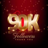 gracias 90 mil seguidores feliz celebración banner estilo 3d fondo rojo y dorado vector