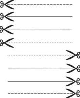tijeras con línea discontinua. establecer el símbolo de papel de corte de tijeras. signo de líneas de corte de tijeras.