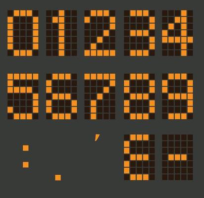 set of calculator digital numbers. electronic figures. LCD digital number. orange clock digital.