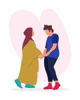 Modern Muslim couple in love, illustrated on a heart shape background. Niqab woman holding hands of her husband flat style cartoon vector. Islamic, moslem couple falling in love clipart. vector
