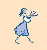 french waitress sketch vector illustration on pastel color. girl with dish and drinks
