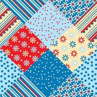 patrón transparente de vector de mosaico tradicional rojo y azul. motivo de tela de flores y lunares