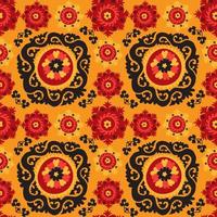 bordado tradicional de alfombras asiáticas en negro, rojo y naranja suzanne. motivo floral decorativo étnico uzbeko para alfombra, tela, mantel