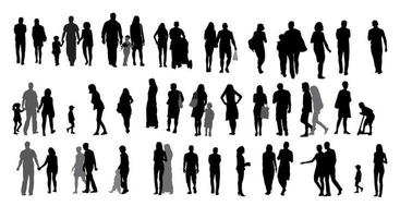 Set of Silhouette Walking People and Children. Vector Illustration.