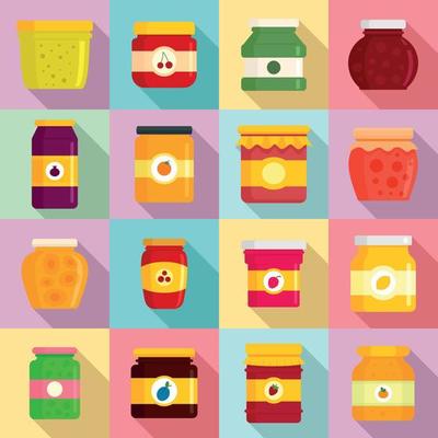 Jam jar icons set, flat style