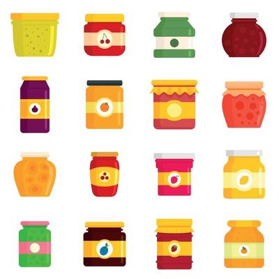 Jam jar icons set, flat style