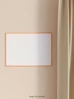 Modern and minimalist horizontal wooden poster or photo frame mockup on the wall in the living room. 3d rendering.