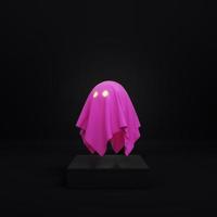 Cute pink ghost character with glowing eyes on dark pedestal. Minimalism concept photo