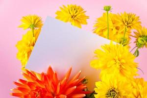 Holiday invitation. Blank greeting card in bouquet of yellow summer flowers on pink background. photo