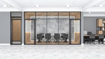 moderna sala de reuniones tipo loft con escritorio blanco y paredes de madera, suelo de madera. representación 3d foto