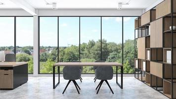 Minimalist loft meeting area with wood desk and  shelf, frame window and concrete floor. 3d rendering photo