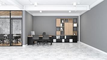 Minimalist loft manager area with modern desk and document shelf, gray wall and concrete floor. 3d rendering photo