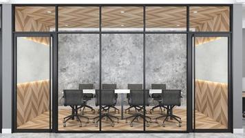 Modern loft meeting room with white desk and wood pattern wall, wood floor. 3d rendering photo