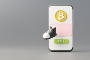 Smartphone de procesamiento 3d con billetera de aplicación para comprar bitcoin. transacciones de moneda criptográfica en la red de cadenas de bloques. foto