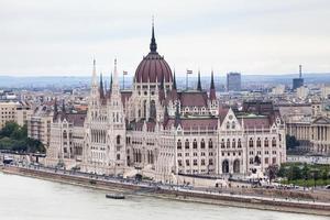 Aerial view of the Hungarian Parliament Building alongside the Danube in Budapest photo