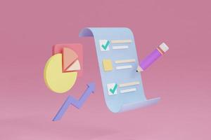 3D clipboard and pencil on pink background, graphs and charts, notepad icon. 3d render illustration. photo