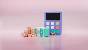 3D Rendering concept of investment. Calculator with coins and money on background  for commercial design. photo