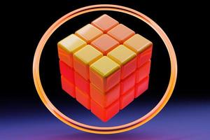 3D illustration of a   orange cube  on a blue background under a neon light. photo