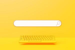 3D illustration of a yellow  keyboard with a search frame, a box, an internet panel photo