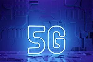 Ilustración 3d de un icono de neón azul de 5 g sobre un fondo negro. foto