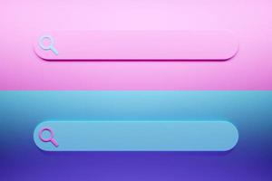 3D illustration of the search bar. Search in internet box, website user interface panel with pink and blue theme and online search button photo