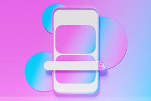 3D illustration of a mobile phone with a search bar on a pink background with geometric shapes. Internet search using smartphone. photo