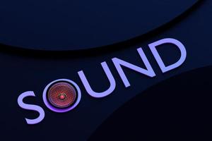 3D illustration inscription SOUND from a music speaker on a dark isolated background. photo