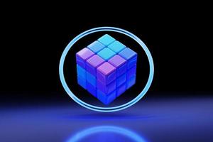3d illustration classic still life with a geometric volumetric figure of a cube with a shadow under blue neon color photo