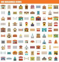 100 buildings icon set, flat style vector