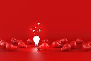 Light bulbs on red background. Positive idea thinking concept. 3D Illustration. photo