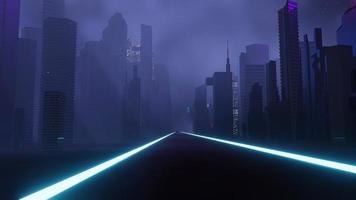 Representación 3D del concepto de paisaje de la ciudad de la noche cyber punk. luz que brilla intensamente en la escena oscura. la vida nocturna. red de tecnología para 5g. más allá de la generación y futurista de la ciudad capital de ciencia ficción y la escena de la construcción. foto