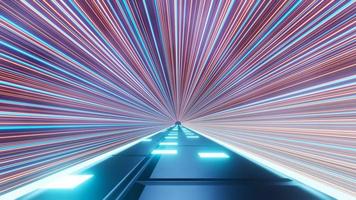 3d render of flash neon and light glowing on dark scene. Speed light tunnel through the city or urban. Technology internet of future network. Sci fiction of hyperspace interstellar travel. photo