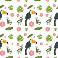 Toucan parrot bird seamless pattern, flat style vector