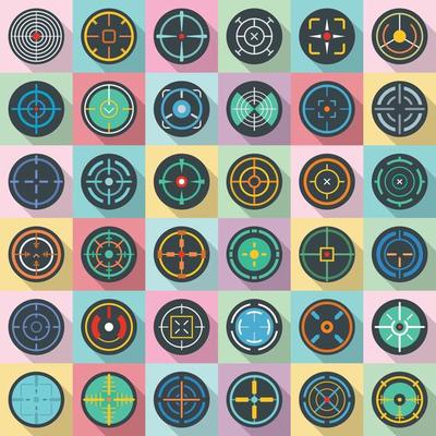 Crosshair target scope sight icons set, flat style