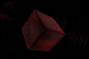 Bright red 3D cube with stripes on a black background with barely visible red rings photo