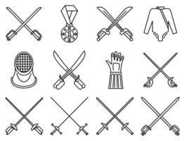 Fencing sport icons set, outline style vector