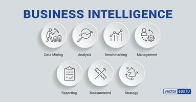 Business Intelligence banner web icon for business plan, data mining, analysis, Strategy, measurement, benchmarking, report and management. Minimal vector infographic. EPS 10.
