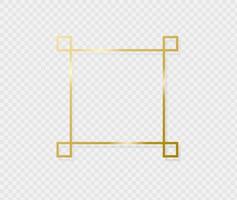 Golden border frame with light shadow and light affects. Gold decoration in minimal style. Graphic metal foil element in geometric thin line rectangle shape. Vector EPS 10.