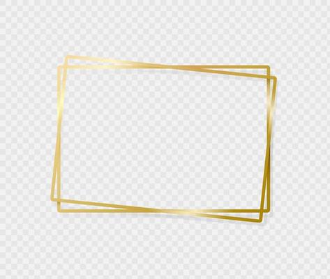 Golden border frame with light shadow and light affects. Gold decoration in minimal style. Graphic metal foil element in geometric thin line rectangle shape. Vector EPS 10.