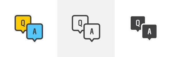 FAQ, questions and answers icon. Line, glyph and filled outline colorful version, Q and A speech outline and filled vector sign. Symbol, logo illustration. Different style icons set. Vector EPS 10