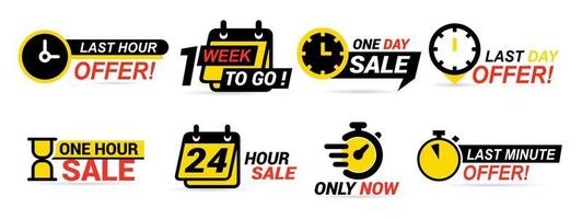 Sale countdown badges. Last minute offer banner, one day sales and 24 hour sale promo stickers. business limited special promotions, best deal badge. Isolated vector icons set. EPS 10.