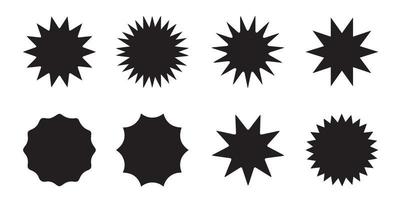 conjunto de estrellas vectoriales, insignias de rayos solares. iconos negros sobre fondo blanco. etiquetas vintage de estilo plano simple, pegatinas. eps 10. vector