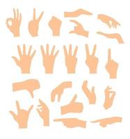 Set of hands showing different gestures isolated on a white background. Vector flat illustration of female and male hands . Isolated flat vector illustration. EPS 10.