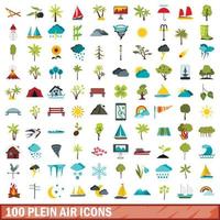 100 plein air icons set, flat style vector