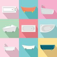 Bathtub interior icons set, flat style vector