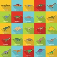 Dinosaur types signed name icons set, flat style vector