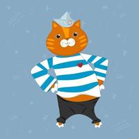 cat sailor in a striped vest vector